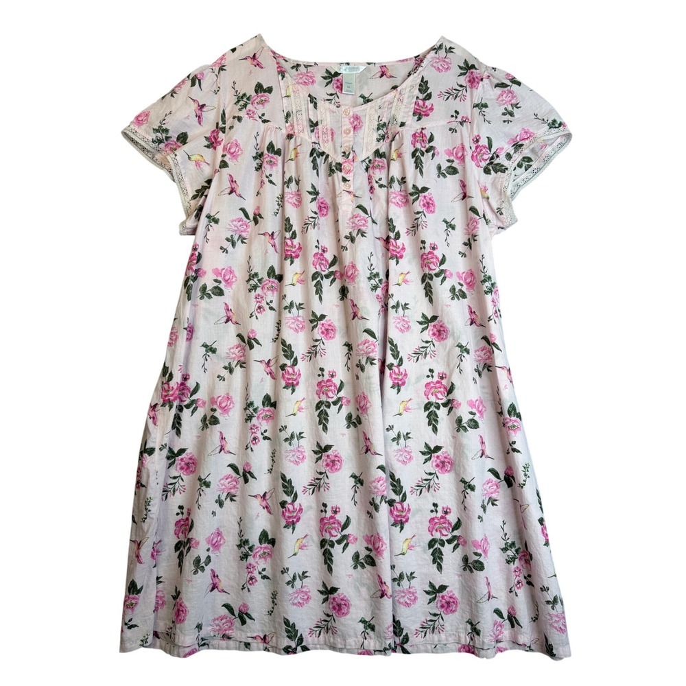 Adonna Pink Hummingbird Floral Cotton Lace Trim Nightgown Womens 2X Bird Cottage